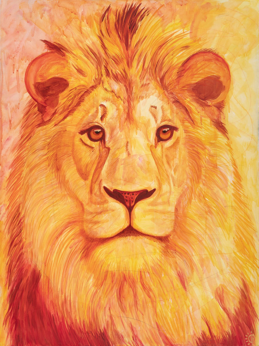 Acrylic painting of a lion's face on an easel with a warm background