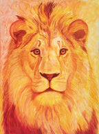 Acrylic painting of a lion's face on an easel with a warm background